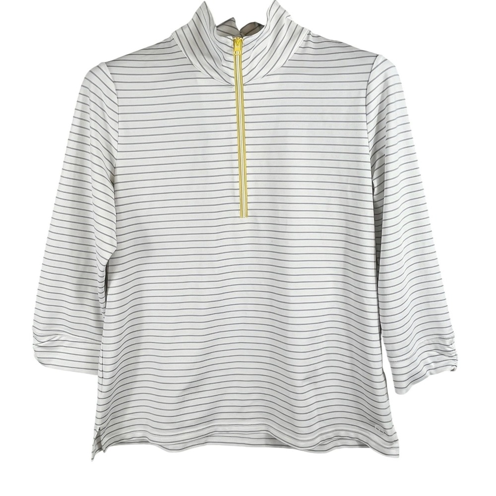 Talbots Womens L UPF 50+ Quarter Zip Pullover Top Striped Golf Tennis White